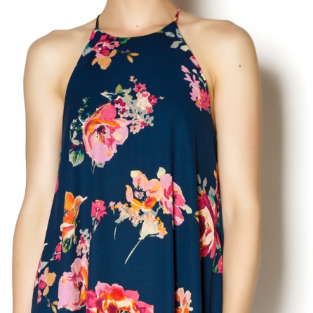 High Neck Navy Floral Print Dress